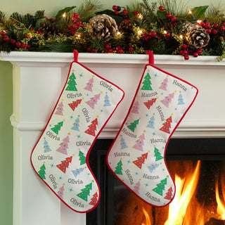 Whimsical Trees with Name Pattern Red Trim Christmas Stocking