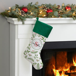 Holiday Vines with Initial and Name Green Cuff Christmas Stocking