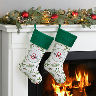 Holiday Vines with Initial and Name Green Cuff Christmas Stocking