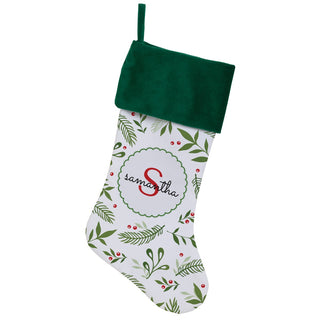 Holiday Vines with Initial and Name Green Cuff Christmas Stocking