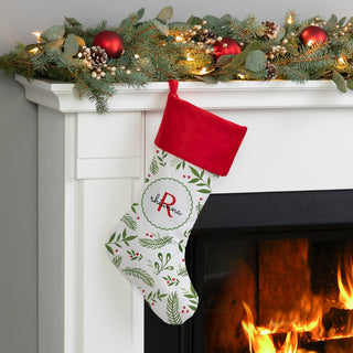 Holiday Vines with Initial and Name Red Cuff Christmas Stocking