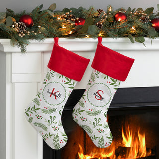 Holiday Vines with Initial and Name Red Cuff Christmas Stocking