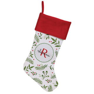 Holiday Vines with Initial and Name Red Cuff Christmas Stocking