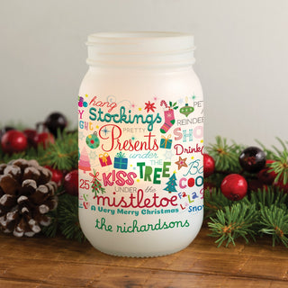 Festive Holiday Words with Family Name Frosted Mason Jar Votive Holder