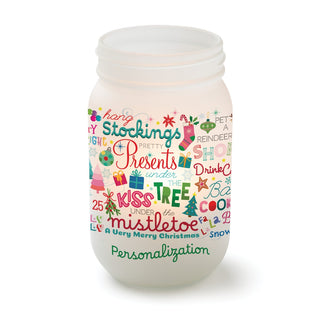 Festive Holiday Words with Family Name Frosted Mason Jar Votive Holder