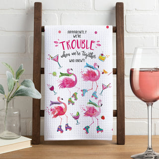 Trouble Together Flamingo Friends Personalized Waffle Tea Towel