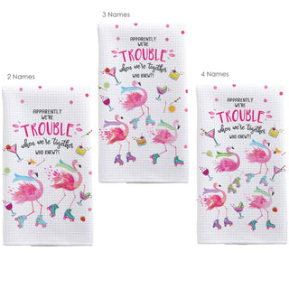 Trouble Together Flamingo Friends Personalized Waffle Tea Towel