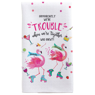 Trouble Together Flamingo Friends Personalized Waffle Tea Towel