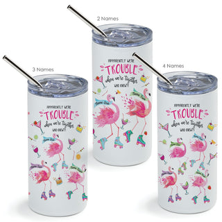 Trouble Together Flamingo Friends Personalized 16oz Stainless Steel Tumbler With Straw & Lid