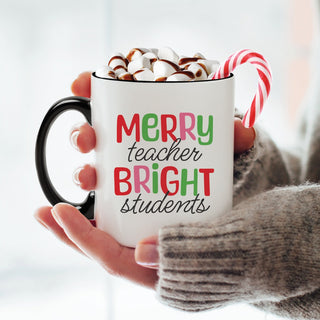 Merry Teacher Bright Students White Coffee Mug with Black Rim and Handle-11oz