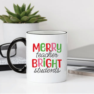 Merry Teacher Bright Students White Coffee Mug with Black Rim and Handle-11oz