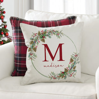 Name & Initial Holiday Berries Wreath 17" Throw Pillow