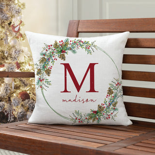 Name & Initial Holiday Berries Wreath 17" Throw Pillow