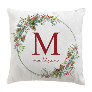 Name & Initial Holiday Berries Wreath 17" Throw Pillow