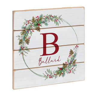 Name & Initial Holiday Berries Wreath Wood Shiplap Art