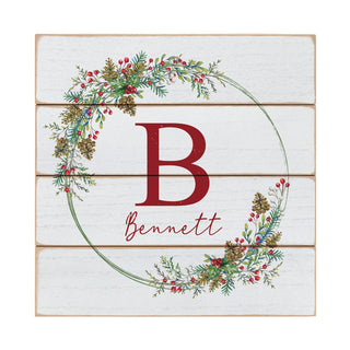 Name & Initial Holiday Berries Wreath Wood Shiplap Art
