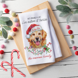 He's Making a List I've Eaten it Twice Personalized Dog Breed Waffle Tea Towel