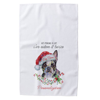 He's Making a List I've Eaten it Twice Personalized Dog Breed Waffle Tea Towel