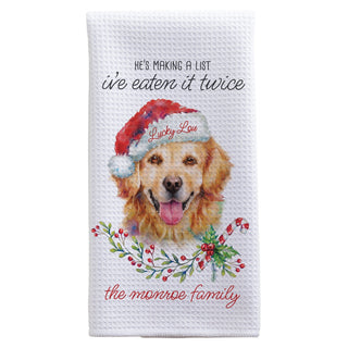 He's Making a List I've Eaten it Twice Personalized Dog Breed Waffle Tea Towel