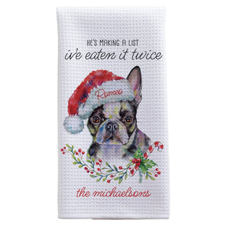 He's Making a List I've Eaten it Twice Personalized Dog Breed Waffle Tea Towel