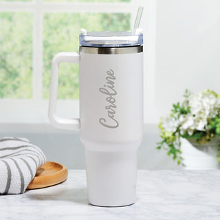Script Name White Stainless Steel 40 Oz Travel Mug with Handle