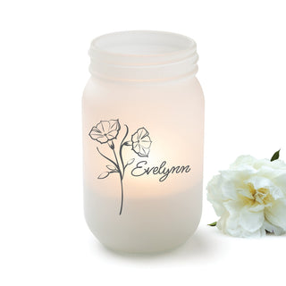 Frosted Mason Jar Personalized Votive with Birth Month Flower