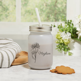 Personalized Frosted Mason Jar with Birth Month Flower