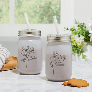 Personalized Frosted Mason Jar with Birth Month Flower