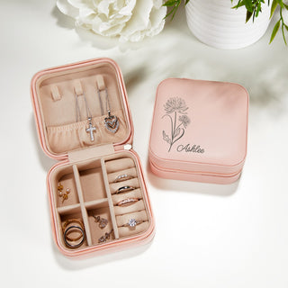 Pink Zip Travel Jewelry Case with Birth Month Flower and Name