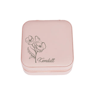 Pink Zip Travel Jewelry Case with Birth Month Flower and Name