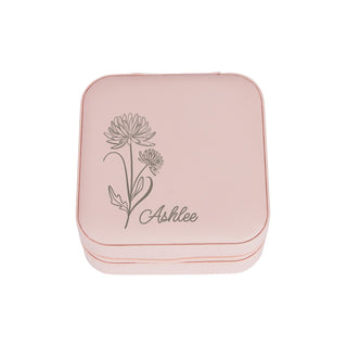 Pink Zip Travel Jewelry Case with Birth Month Flower and Name