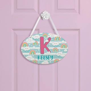 Name & Initial Cheerful Clouds & Rainbows Personalized Oval Room Sign