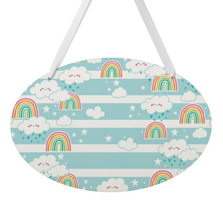 Name & Initial Cheerful Clouds & Rainbows Personalized Oval Room Sign