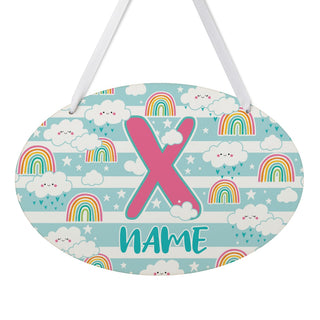 Name & Initial Cheerful Clouds & Rainbows Personalized Oval Room Sign