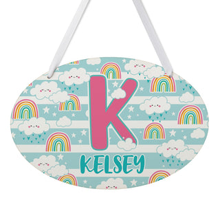 Name & Initial Cheerful Clouds & Rainbows Personalized Oval Room Sign
