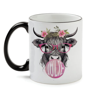Bubble Gum Highland Cow White Coffee Mug with Black Rim and Handle-11oz