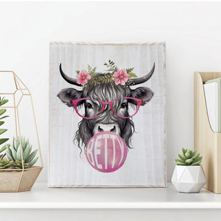 Bubble Gum Highland Cow White Wash Wood Plaque