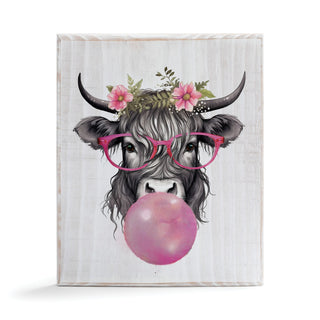 Bubble Gum Highland Cow White Wash Wood Plaque