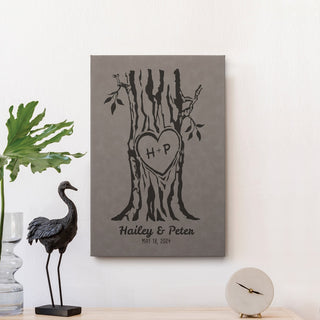 Our Initials Carved In Tree Heart Gray Leather 12x18 Canvas