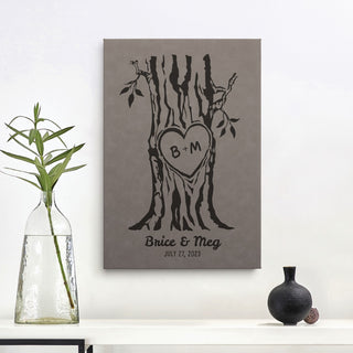 Our Initials Carved In Tree Heart Gray Leather 12x18 Canvas