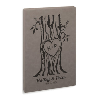 Our Initials Carved In Tree Heart Gray Leather 12x18 Canvas