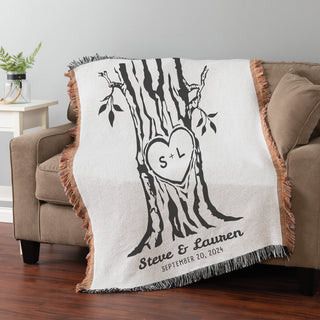 Our Initials Carved In Tree Heart Fringed Throw Blanket
