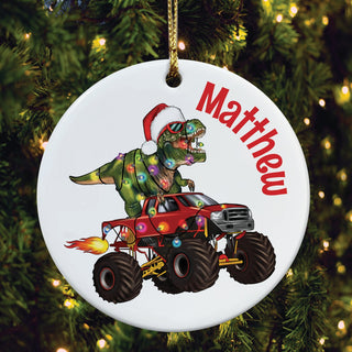 Dino Monster Truck Personalized Round Ceramic Ornament