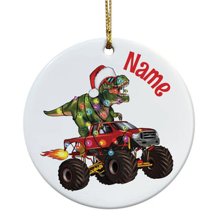 Dino Monster Truck Personalized Round Ceramic Ornament