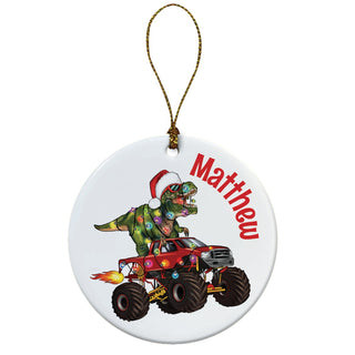 Dino Monster Truck Personalized Round Ceramic Ornament