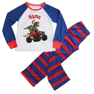 Blue and Red Striped Dino Monster Truck Personalized Pajamas