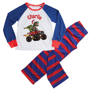 Blue and Red Striped Dino Monster Truck Personalized Pajamas