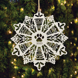 Family Pet White Wood Snowflake Ornament with Name and Year