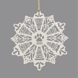 Family Pet White Wood Snowflake Ornament with Name and Year