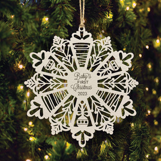 Baby's First Christmas White Wood Snowflake Ornament with Name and Year